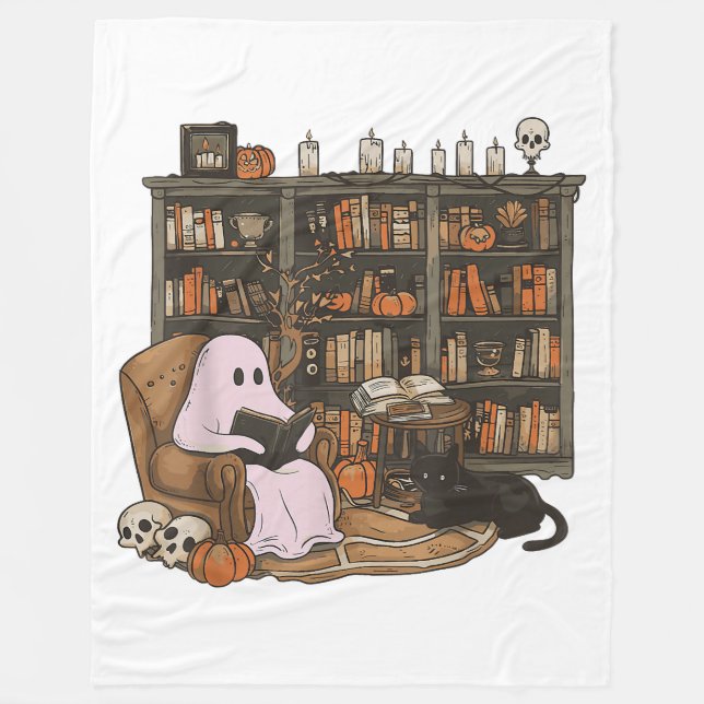 Ghost Reading Book Cat lover Halloween  Fleece Blanket (Front)