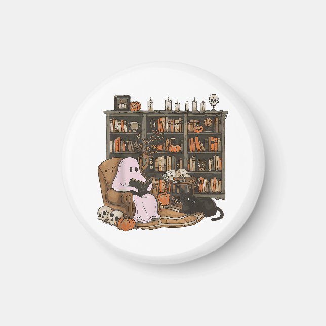 Ghost Reading Book Cat lover Halloween  Magnet (Front)
