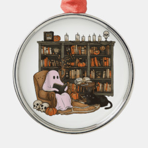 Ghost Reading Book Cat lover Halloween  Metal Tree Decoration