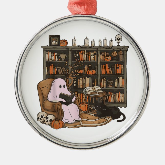 Ghost Reading Book Cat lover Halloween  Metal Tree Decoration (Front)