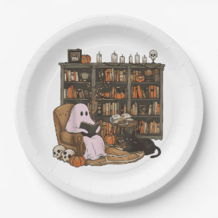 Ghost Reading Book Cat lover Halloween  Paper Plate