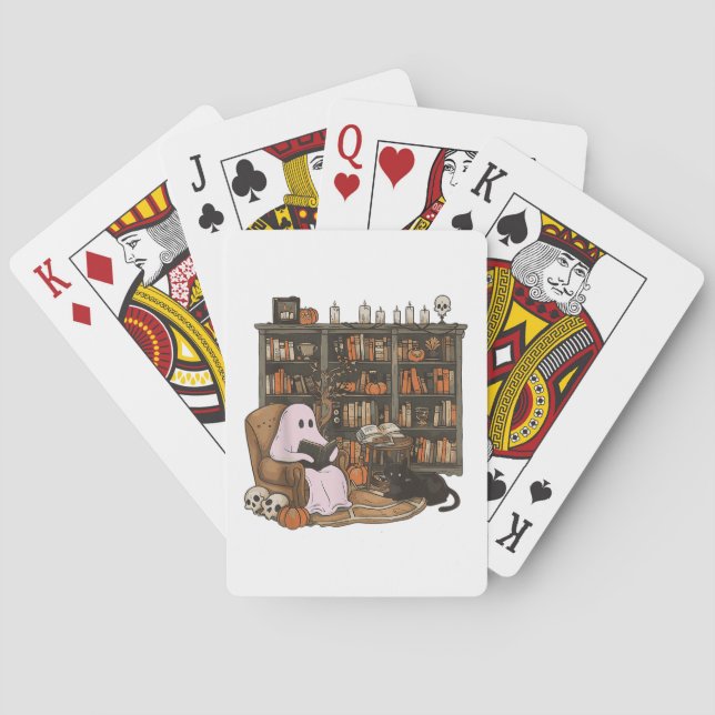 Ghost Reading Book Cat lover Halloween  Playing Cards (Back)
