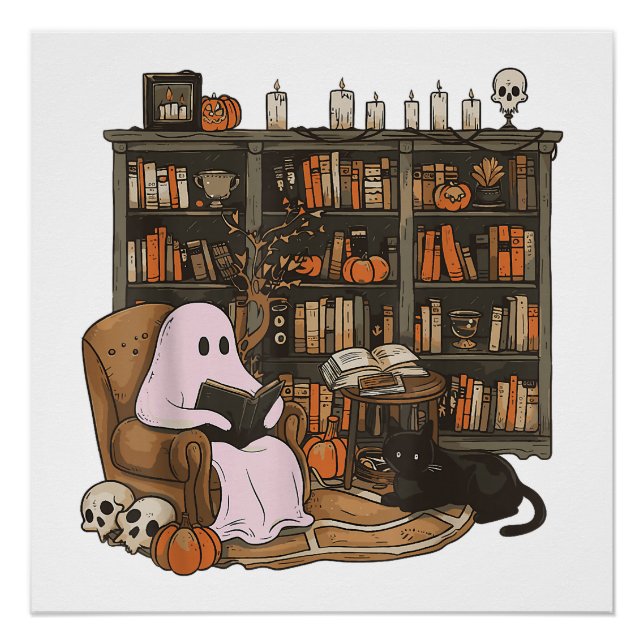 Ghost Reading Book Cat lover Halloween  Poster (Front)