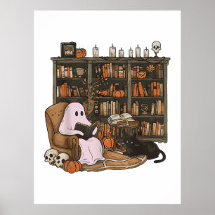 Ghost Reading Book Cat lover Halloween Poster