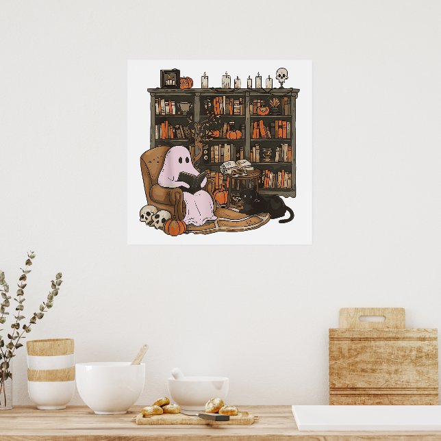 Ghost Reading Book Cat lover Halloween  Poster (Kitchen)