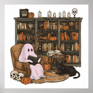 Ghost Reading Book Cat lover Halloween Poster
