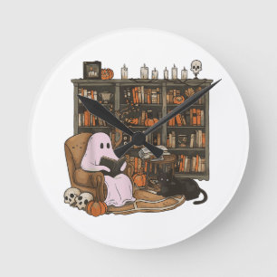 Ghost Reading Book Cat lover Halloween  Round Clock
