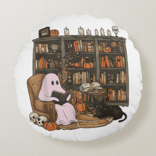 Ghost Reading Book Cat lover Halloween  Round Cushion