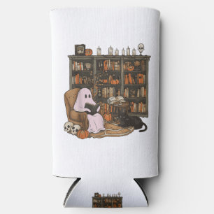 Ghost Reading Book Cat lover Halloween Seltzer Can Cooler