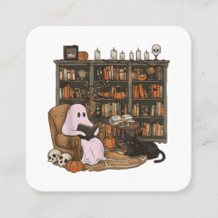Ghost Reading Book Cat lover Halloween  Square Business Card