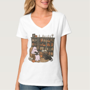Ghost Reading Book Cat lover Halloween T-Shirt