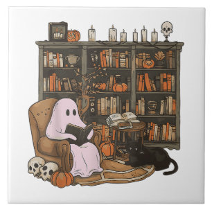 Ghost Reading Book Cat lover Halloween Tile