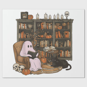Ghost Reading Book Cat lover Halloween  Wrapping Paper