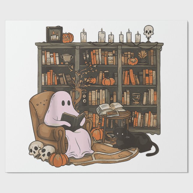 Ghost Reading Book Cat lover Halloween  Wrapping Paper (Flat)