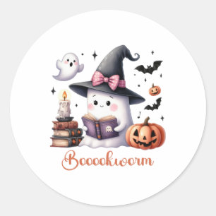 Ghost Reading Book Coquette Bow Halloween Girl Tod Classic Round Sticker