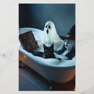 Ghost Reading Book in Bathtub, and Black Cat Bubbl