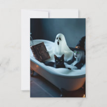 Ghost Reading Book in Bathtub, and Black Cat Bubbl