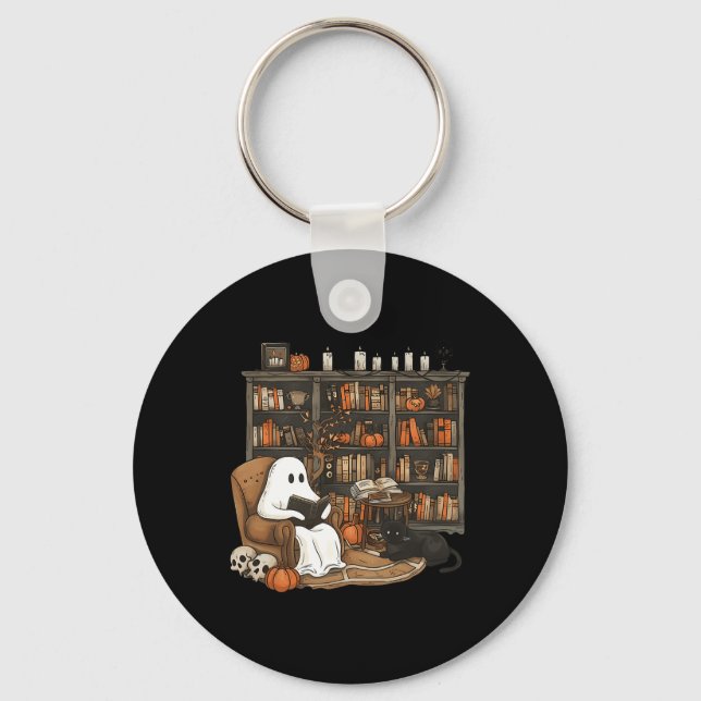 Ghost Reading Book Lovers Library Halloween Spooky Key Ring (Front)