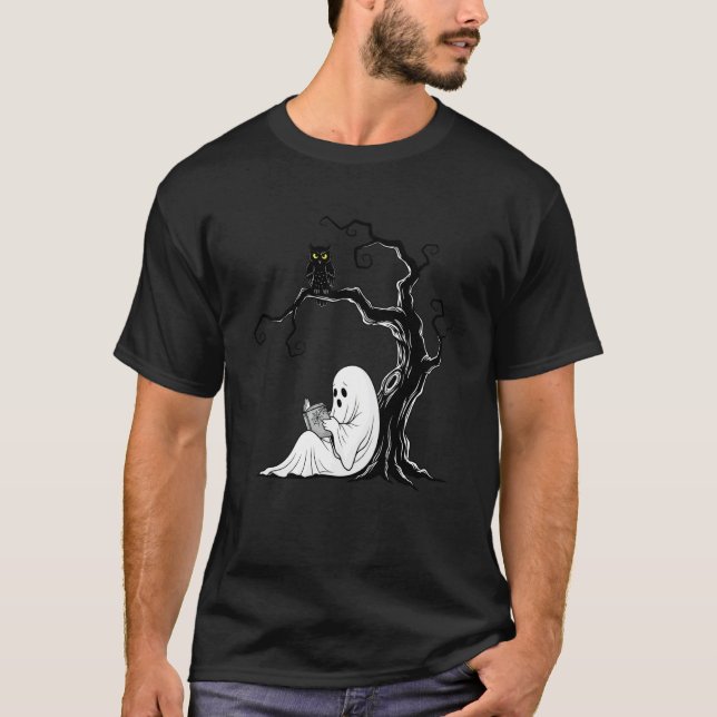 Ghost Reading Book Under Spooky Tree Funny Hallowe T-Shirt (Front)