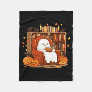 Ghost Reading Book With Black Cat Cute Halloween Fleece Blanket