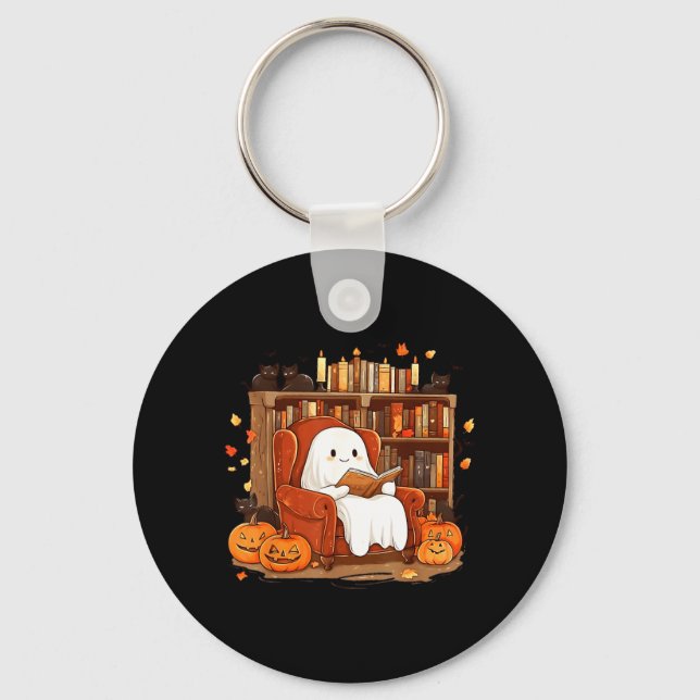 Ghost Reading Book With Black Cat Cute Halloween Key Ring (Front)