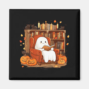 Ghost Reading Book With Black Cat Cute Halloween Magnet