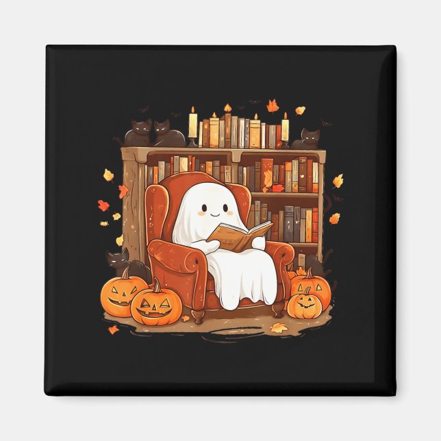 Ghost Reading Book With Black Cat Cute Halloween Magnet (Front)
