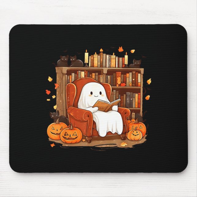 Ghost Reading Book With Black Cat Cute Halloween Mouse Mat (Front)