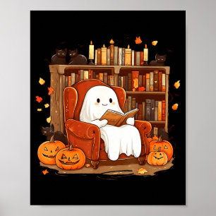 Ghost Reading Book With Black Cat Cute Halloween Poster