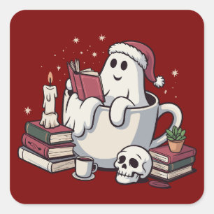 Ghost Reading Books Christmas Teacher Bookworm  Square Sticker