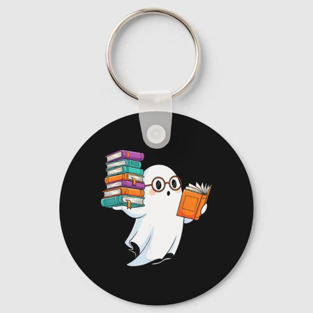 Ghost Reading Books Halloween Library Key Ring (Front)