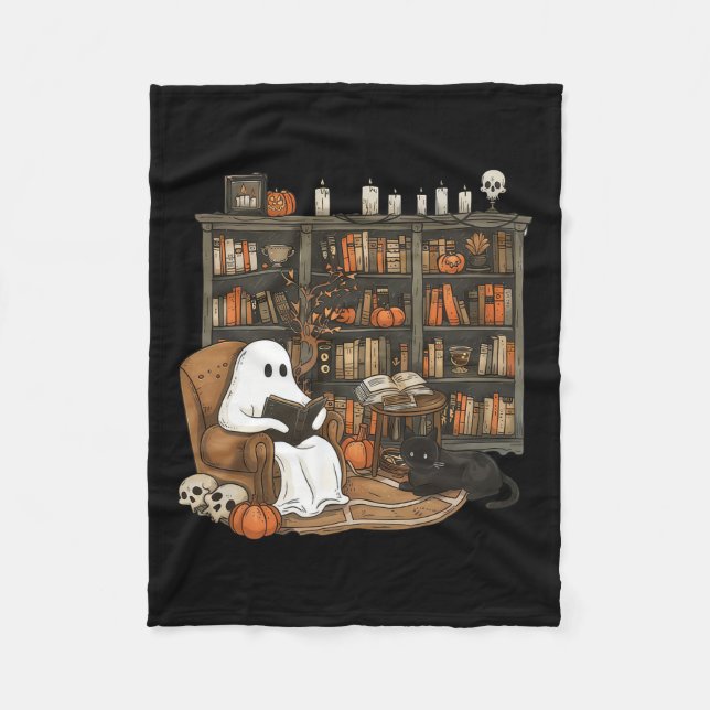 Ghost Reading Books Librarian Teacher Halloween  Fleece Blanket (Front)