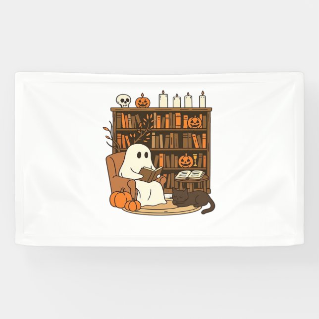 Ghost Reading in Cosy Halloween Library Classic T- Banner (Horizontal)