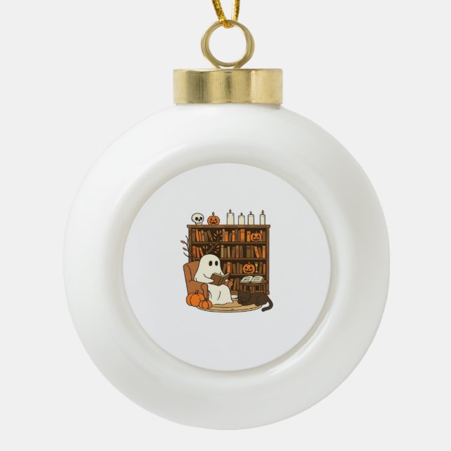 Ghost Reading in Cosy Halloween Library Classic T- Ceramic Ball Christmas Ornament (Front)