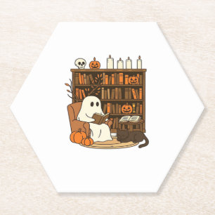 Ghost Reading in Cozy Halloween Library Classic T- Paper Coaster