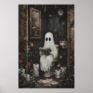 Ghost Reading Newspaper On Toilet Print, Dark Poster