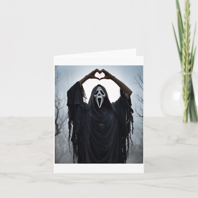 Ghost Red Heart Hands Y Face Halloween Valentines  Card (Front)