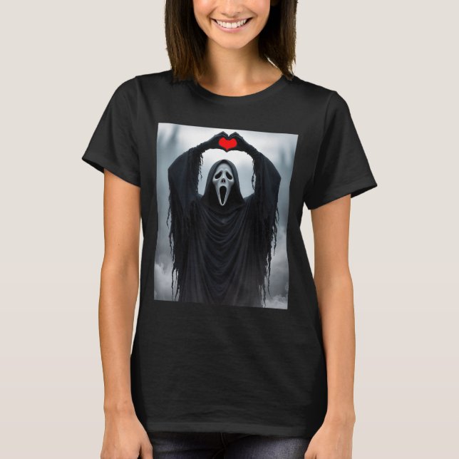 Ghost Red Heart Hands Y Face Halloween Valentines  T-Shirt (Front)