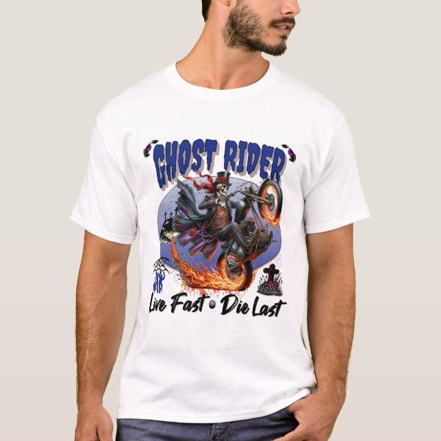 Ghost Rider Skeleton Riding Flaming Motorcycle T-Shirt (Front)