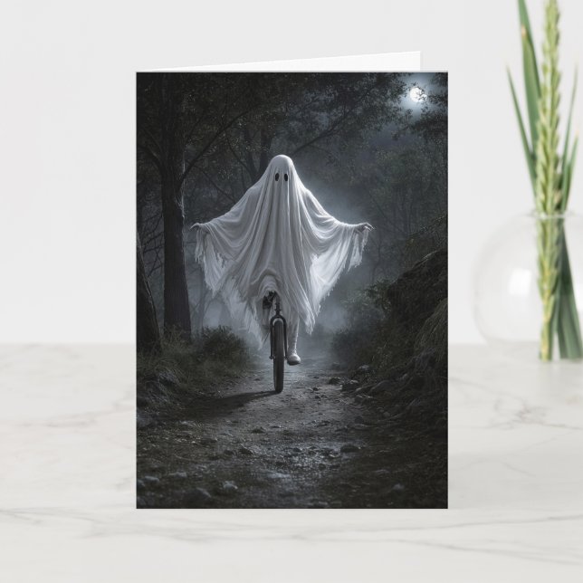 Ghost Riding a Unicycle in a Spooky Forest Card (Front)