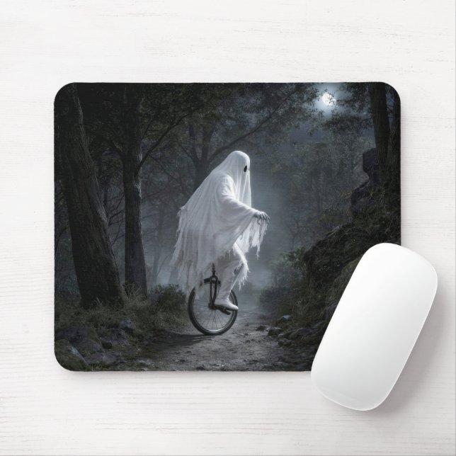 Ghost Riding a Unicycle in a Spooky Forest Mouse Mat (With Mouse)