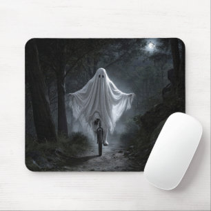 Ghost Riding a Unicycle in a Spooky Forest Mouse Mat
