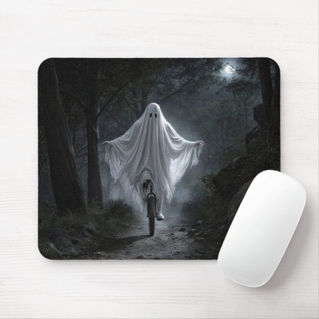 Ghost Riding a Unicycle in a Spooky Forest Mouse Mat (With Mouse)