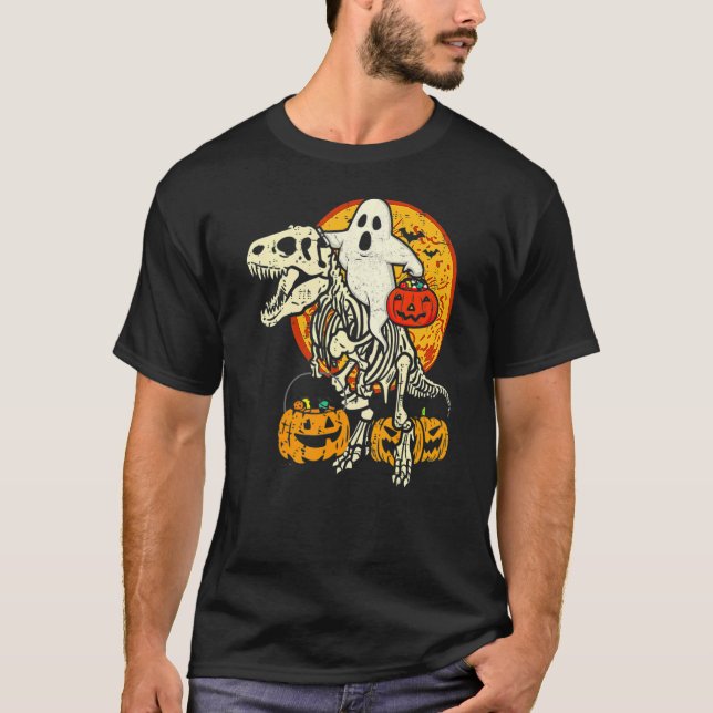 Ghost Riding Skull Dinosaur Halloween Skeleton Rex T-Shirt (Front)