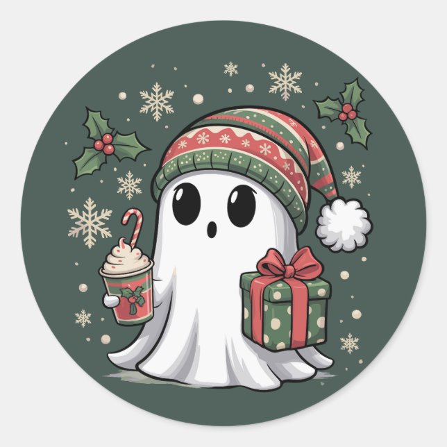 Ghost Santa Christmas Holiday Xmas Halloween Ghost Classic Round Sticker (Front)