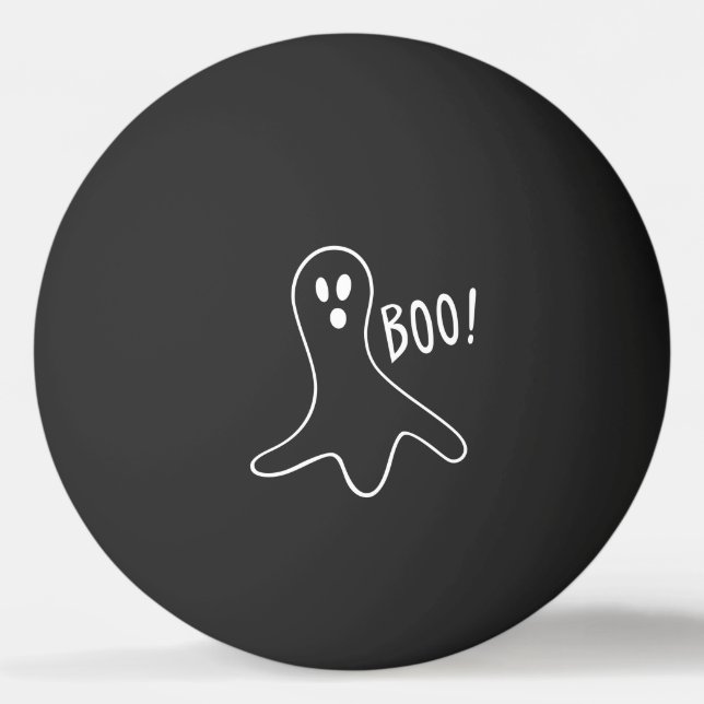 Ghost Saying Boo White Outline on Black Ping Pong Ball (Front)