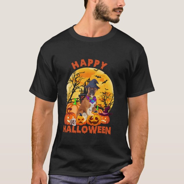 Ghost Scary Pumpkin Moon Witch Boxer Dog Happy Hal T-Shirt (Front)