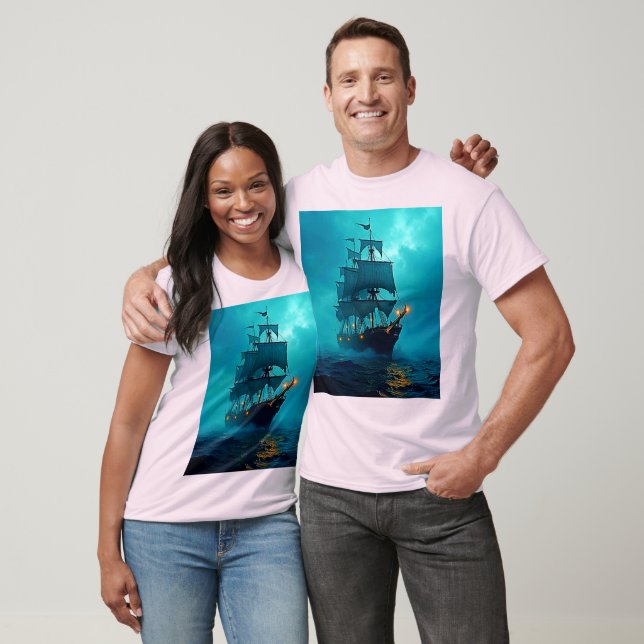 Ghost Ship on the Stormy Seas Design T-Shirt (Unisex)