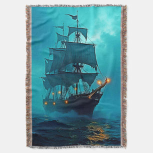 Ghost Ship on the Stormy Seas Design Throw Blanket