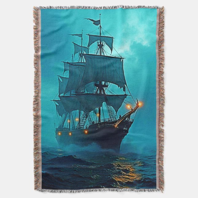 Ghost Ship on the Stormy Seas Design Throw Blanket (Front Vertical)